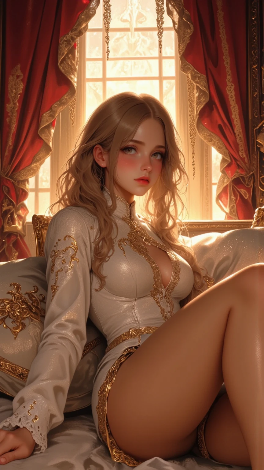 ((highest quality)), ((masterpiece)), (be familiar with:1.4), 3D, A Beautiful Female Figure,HDR(high dynamic range),ray tracing,NVIDIA RTX,super resolution,unreal 5,scattered below the surface、PBR texture、post-processed、anisotropic filtering、written boundary depth、maximum clarity and sharpness、multilayer texture、Albedo and specular maps、surface coloring、Accurate simulation of light-matter interactions、perfectly proportioned、octane rendering、two color light、Large Diameter、Low ISO、White balance、Rule of thirds、8,000 students、 ((A composition of a princess wearing a beautiful, delicate, A gorgeous high school girl with jewels all over her body、A high school girl wearing a skirt with a large slit, studded with beautiful, delicate and gorgeous jewels.))、(very cute erotic beautiful girl)、 (Very cute Japan woman、very beautiful Japanese woman、famous idol、Japanese woman with a very beautiful face、Japanese woman with a very cute face)、(body shape、Perfectly proportioned body like a gravure idol、big breasts、(Dazzling super beautiful super long blonde ponytail、wavy hair、have bangs)、beautiful 22 years old、((cute smile、shy smile、Composition of facial expressions and gestures that seduce men)).full body photo、 (big beautiful shining blue eyes、Body and clothes wet with sweat and water、Wet body and clothes after swimming)、((Front view of underwear/panties))、((Composition of lying on bed with legs wide open、Composition with knees raised high and underwear panties visible from the front))、(Looking at the camera in front、facing straight)