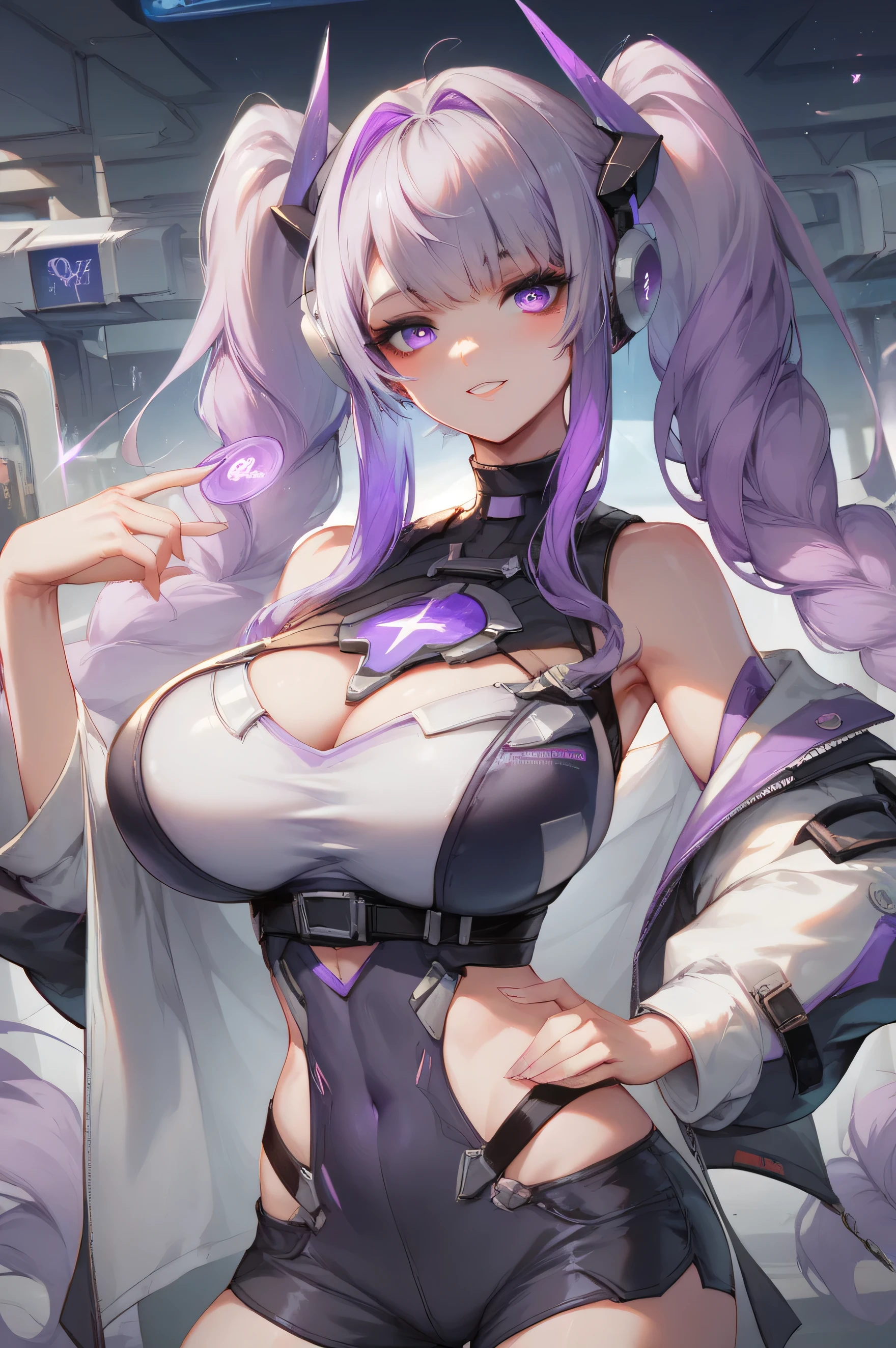 Futuristic Girl,,,Cute smile,Purple eyes, space, Purple Hair, Blue Hair, Pink Hair, Long Hair, Futuristic popular coffee shop,Mechanical cat ears of the future,Topless, normal breasts, beautiful breasts, topless, beautiful breasts, normal breasts、Futuristic Panties