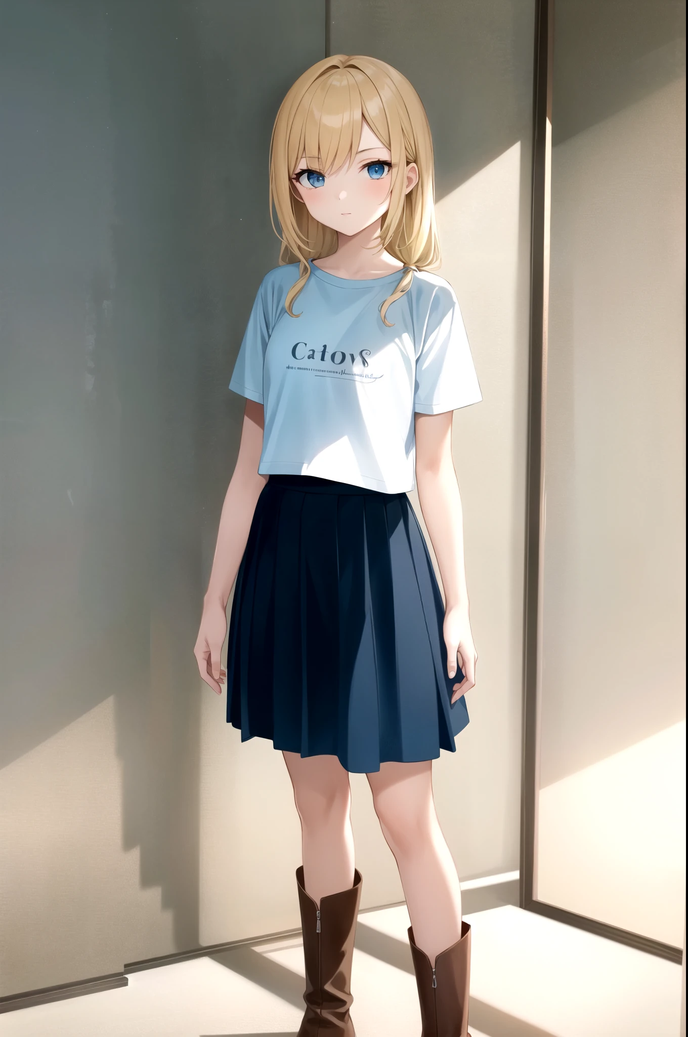 1girl, standing (Anatomically Correct body 1.6 ) Blonde anime girl with long hair of (eye Yellow Navy blue t-shirt and light blue skirt (color) And brown boots 1.6)