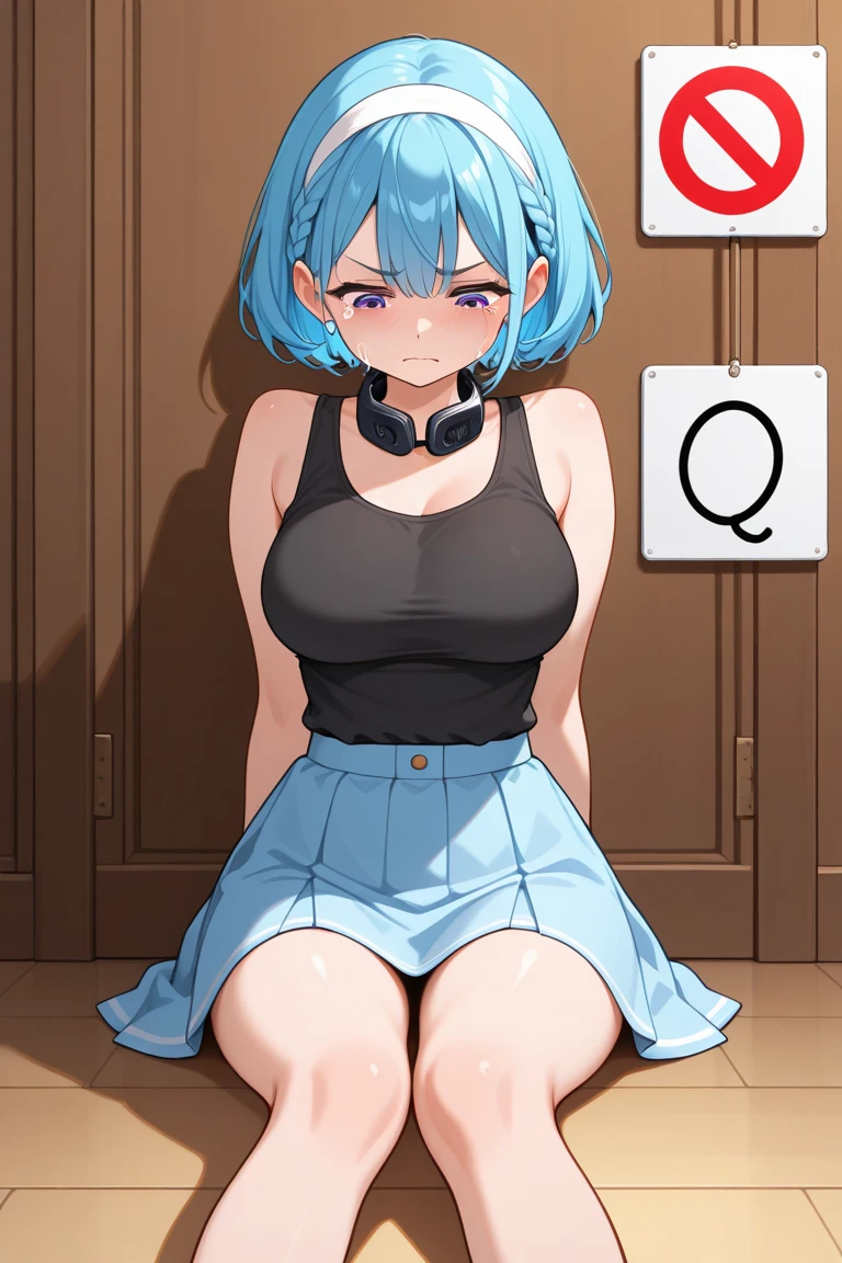 1girl,
moira \(nijisanji\), nijisanji,
open mouth, blush, slippers, medium breasts, mole under eye, solo, crossed legs, medium hair, sitting, profanity, computer, t-shirt, couch, white background, dots, meme attire, mole, blue hair, tears, simple background, screen light, clothes writing, english text, closed eyes, comic, shirt, desk, virtual youtuber, laptop, breasts, yellow eyes,
masterpiece, best quality, newest, absurdres, safe