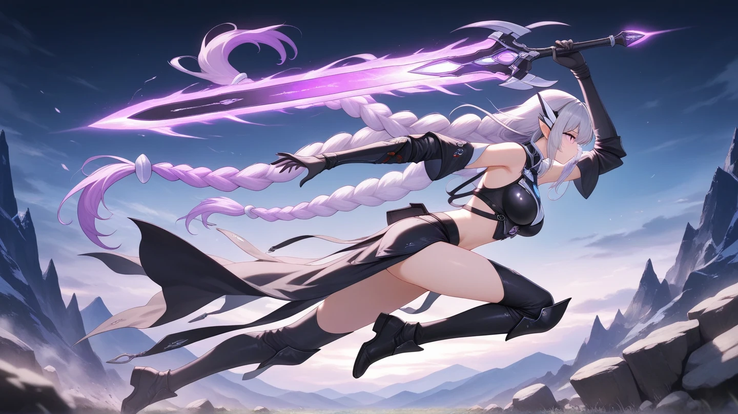 Female demon with horns, green and grey strads of hair, green glowing runic tattoos, grey skin, and perfect body with black bra and waist armor