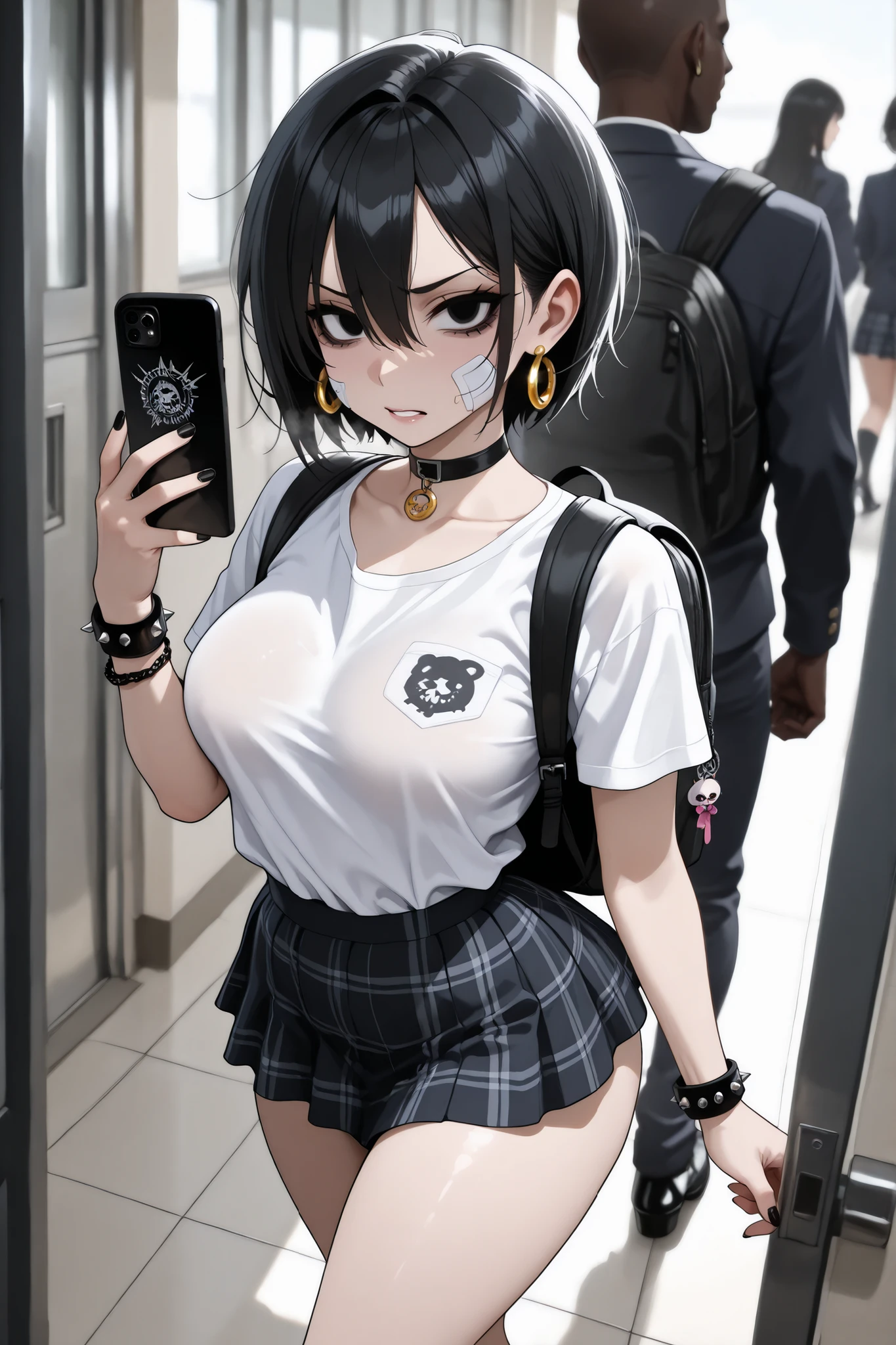 Girl bitch, interracial sex, black eyes, black hair, hair between eyes, short hair,, bandage on face, wearing a sexy white t-shirt with female buttons and a black plaid mini skirt, black backpack, black choker on neck, black nails, punk bracelets, gothic high heels, huge fake, walking around school looking at her cell phone in her hand, letting her breasts be touched by a group of delinquent students, raped, sexy slut face, big golden earrings, professional photography, Rated R18, sexy ass fitness, cinematographic photo, touching