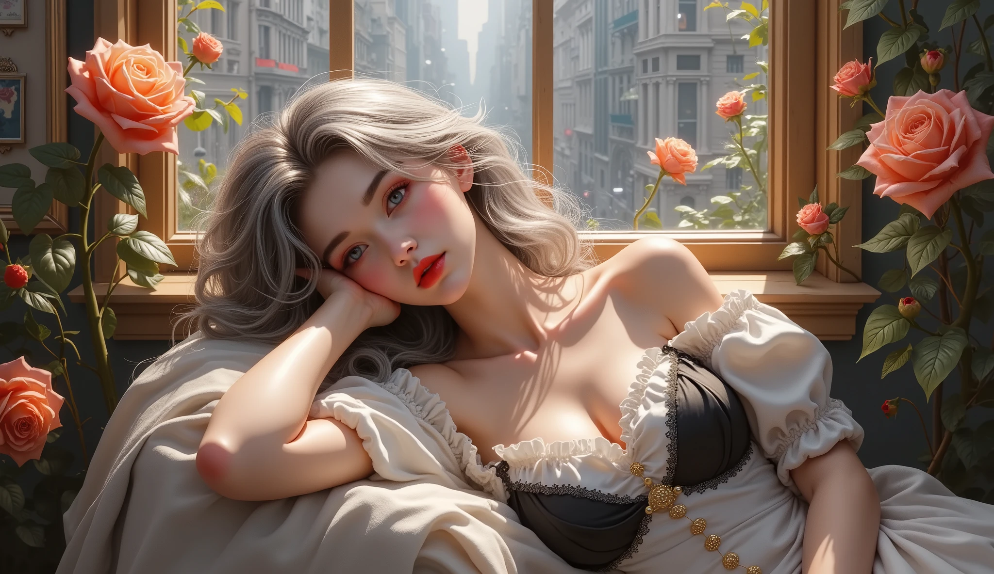 ((Woman Lying Inside a Gift Box))、(masterpiece、Highest Quality、steampunk art、sunlight、illuminates your face、Super Detail、written with thigh composition、Magic Rim、Gray Hair、Real queen、 red lips、Super Detail、very detailed、(high contrast:1.11)、wind、great、beautiful細部の目、disheveled hair、(best lighting from above、とても繊細でbeautiful)、((Cinema Light))、((Fits comfortably from head to toe:1.3))、((Adrian Honig)girl with blond hair and blue eyes、beautiful、thin((Off-the-Shoulder Wet White Blouse、Black silk underwear))、Bite underwear 、sexy pose、(Girl Lying in a Box)、 (Cleavage coordination),(butt sticking out)、short bob woman、Bite underwear 、sexy pose、Thin lower body、woman has a window behind、You can see a variety of buildings around the city(disorganized、high definition、Super Detail)、