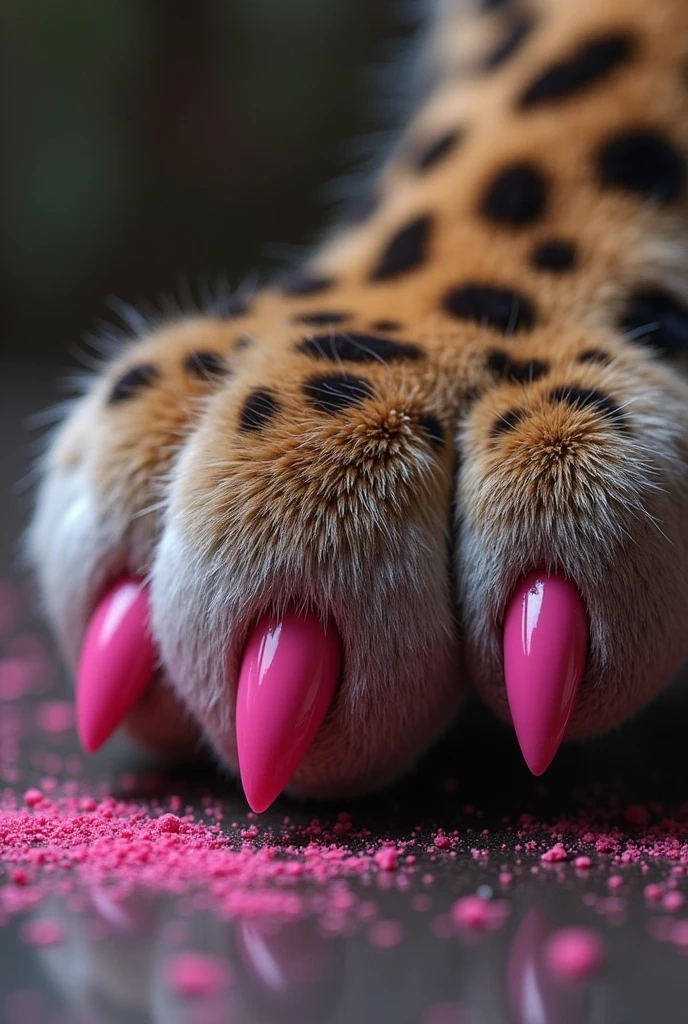 Elegant lioness paw with nails painted in Jaguar skin next to a sophisticated drink