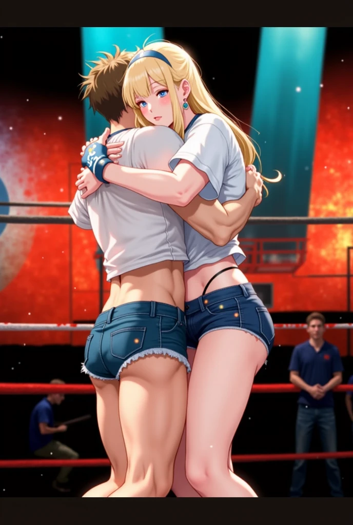 (((masterpiece))),(((best quality))),(ultra-detailed,high resolution:1.2),(illustration),((an extremely delicate and beautiful)),(detailed background), (upright straddle ,couple, face-to-face, kiss), (vaginal,sex), (com in pussy:1.4), (((wrestling ring))), ((1girl)and(1boy)), hetero, (1girl,short stature),((((saber,artoria pendragon/(fate/)))),official style, (slender body:1.4), braided bun, blonde hair,ahoge,hair between eyes, green eyes, (middle breasts), ((She wears white blouse, black pantyhose, collared shirt, long sleeves, hair blue small bow, blue neck ribbon, medium skirt, high-waist skirt, blue skirt, pleated skirt)), ((((ahegao)))), (rolling eyes:1.4), (trembling), (cum on clothes,cum on body,excessive cum:1.4),cum facial,bukkake,cum on hair, clothing aside, clothed, (1boy,short stature:1.4), large penis, text,