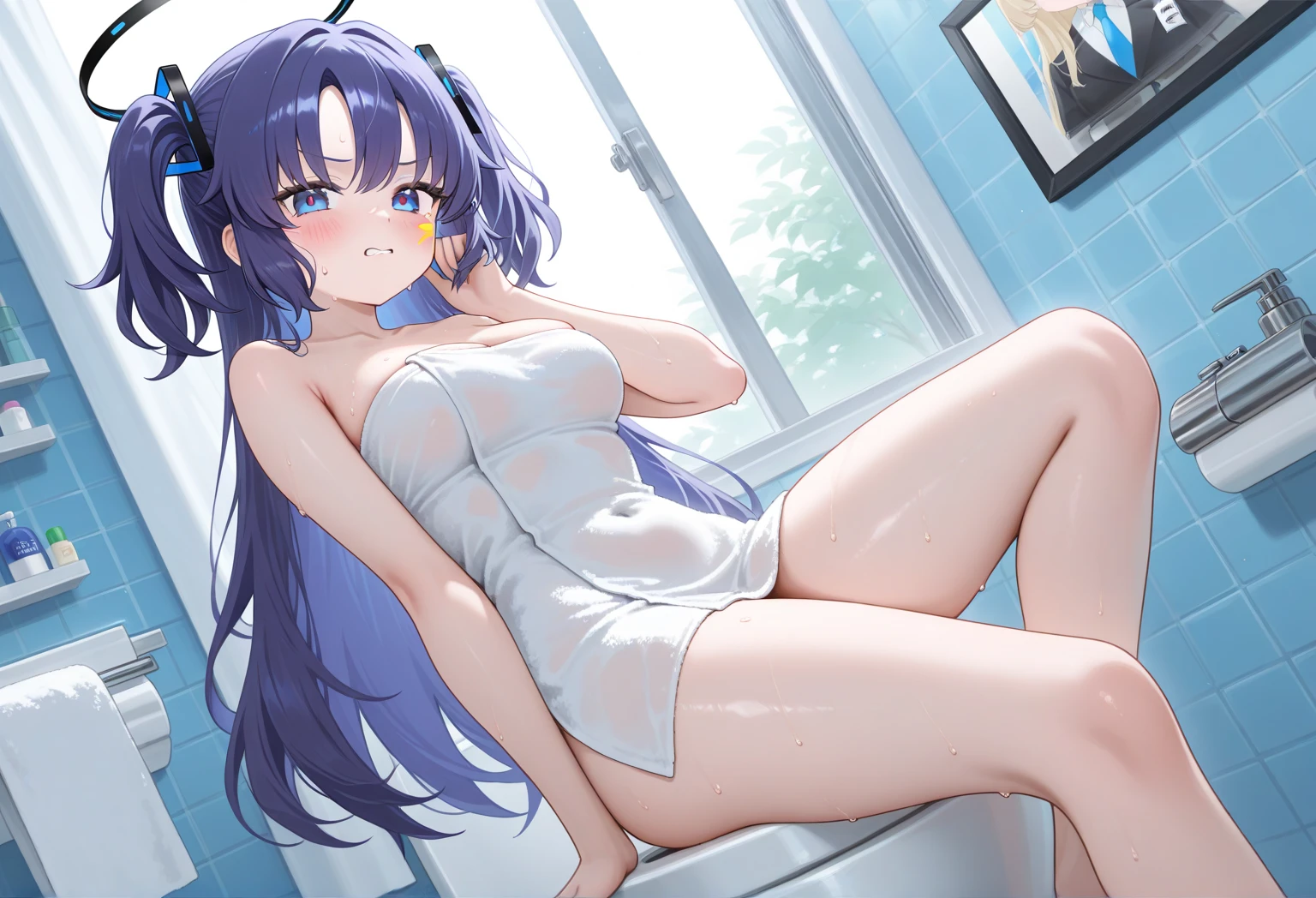 ((1 woman in an open bathrobe)),((standing with her legs wide open in the shape of an m, blue liquid poop coming out of her pussy, anus luscious with blue poop)),((piercing in the urethra, lilac piercing in the manilas ,bare breasts,huge breasts,erect breasts)),((lilly hair)),((red eyes,smile)),((facing the viewer)),((in a futuristic bathroom))