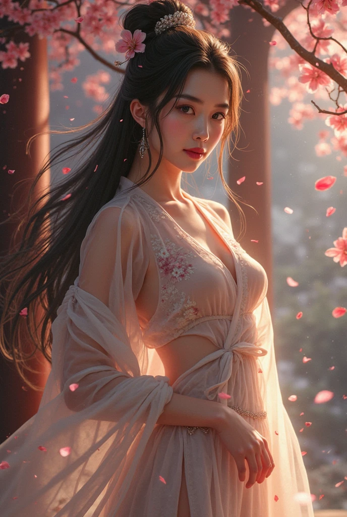 loose outfit、Show shoulders、How to wear a gown with a broken see-through halter neck、Decorated with intricate patterns and pastel colors、Transparent material that makes the skin shine、Artistic depiction of seductive woman in gown with wet thin cloth and transparent skin, Floral and fantastic pattern with flowing silky traditional see-through skin。Her dress draped elegantly around her curvaceous figure、Emphasizes her charming silhouette。She's a gentle fireworks night、Dynamic Posing、Sexy Posing、bathed in the soft glow of moonlight。The scene is、With a hint of mystery and sensuality、It exudes an ethereal dreamy atmosphere。The image style is、Incorporates a blend of watercolor and digital illustration techniques.、It makes you feel delicate beauty and charm。Soft moonlit lighting、Cast gentle highlights and shadows on her mesmerizing features。Dynamic Posing、Bold poses、The hand is somewhere、see -through、show through、A sexy、Wet hair、Wet、cherry trees、flower petals、cherryblossom、The cherry tree、Sakura blizzard、buried、Transparent skin、Wet clothes、Chest Pulling、Translucent clothes、Eau、nudde、