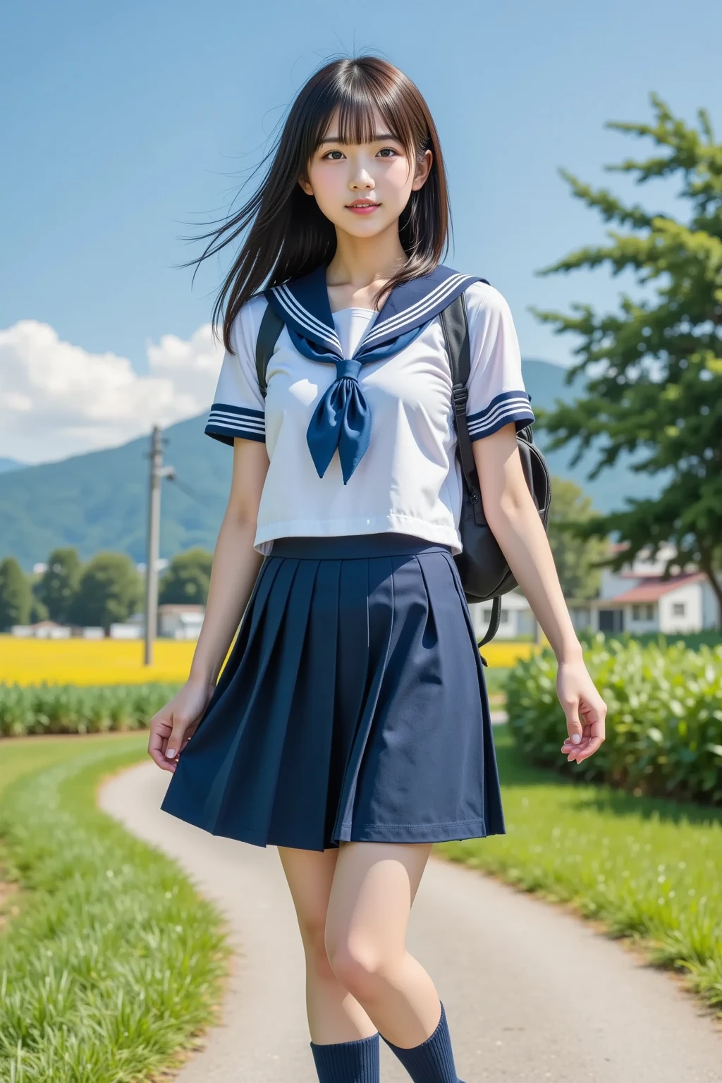 Japan Sailor School Uniform、dark blue school uniform、navy pleated skirt、beautiful girl、15 years old、(((Leave the hem of the sailor suit outside)))、black hair、ponytail、((No bangs:1.2))、((put out one's forehead))、I love you、Spinning、white socks、loafers、standing position、serious expression、