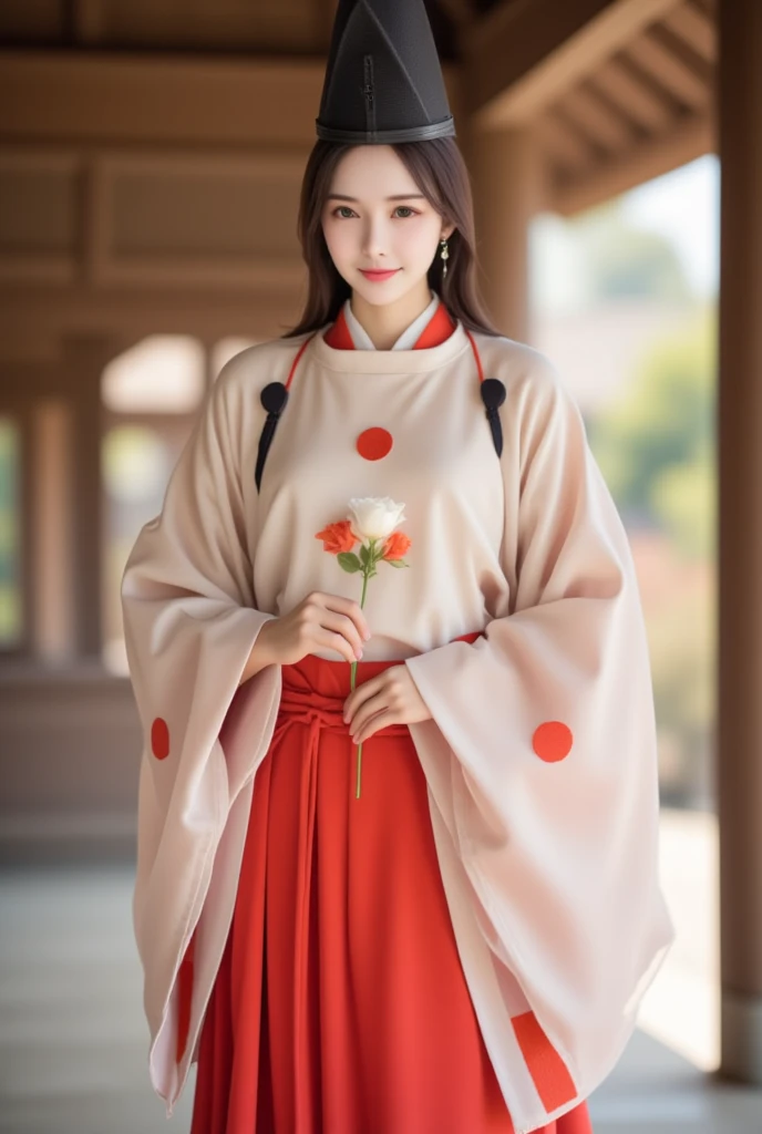 suikan, japanese painting. a portrait of an asian woman wears a suikan and red hakama and red sash, holding a small flower and standing in a temple . she is smiling . atmosphere is dreamlike and extremely soft.
