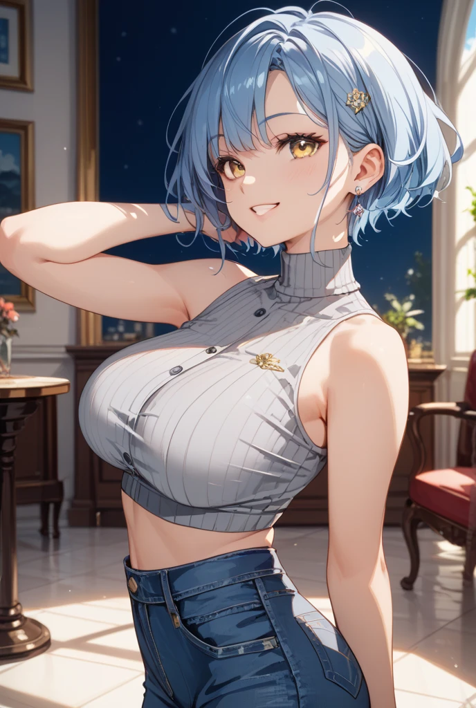 Realistic image, A consistent image, Detailed Images, 1 beautiful girl. She has short light blue hair that reaches her shoulders.、The bangs reach down to the eyebrows。. On top of the bangs, Yura is wearing a black headband and a hairpin on her left side.。. purplish yellow eyes, Long eyelashes. Her face is oval and delicate.. Smile seductively. She is wearing a shirt that makes her chest look big, Jeans Shorts, Thigh-length stockings. She has a curvaceous figure, Medium bust and thick thighs. Surrounded by European shops, Petals falling. Natural light in front, Volumetric lighting