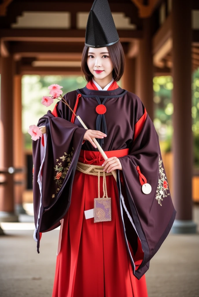 suikan, a portrait of an asian woman wears a suikan and red hakama and red sash, holding a small flower and standing in a temple