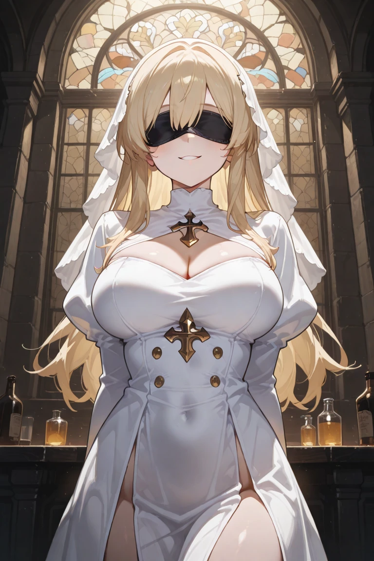 Black bikini, white crown, bare belly, big breasts, white hair, red eyes, justice, Blindfold
