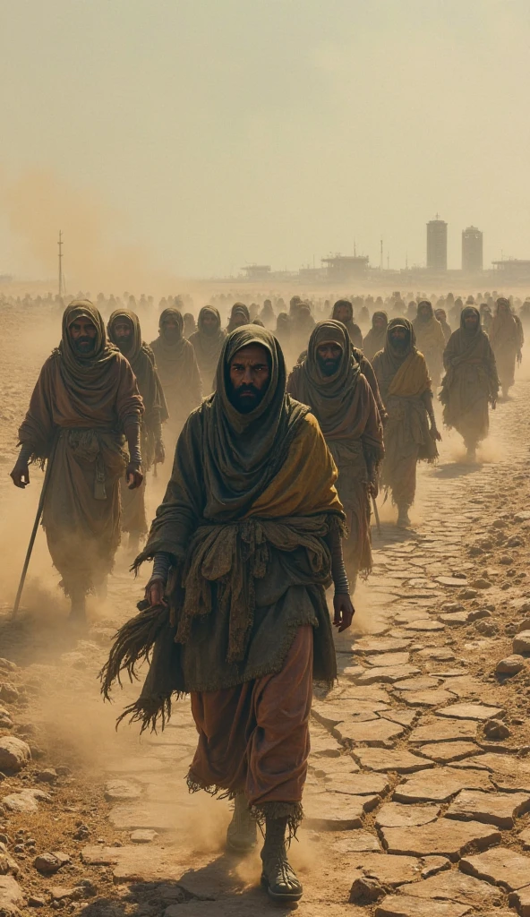 (((Ultra real 8k image of Abraham, Sarah, Lot and their servants leaving the city of Ur in 2,350 BC))
