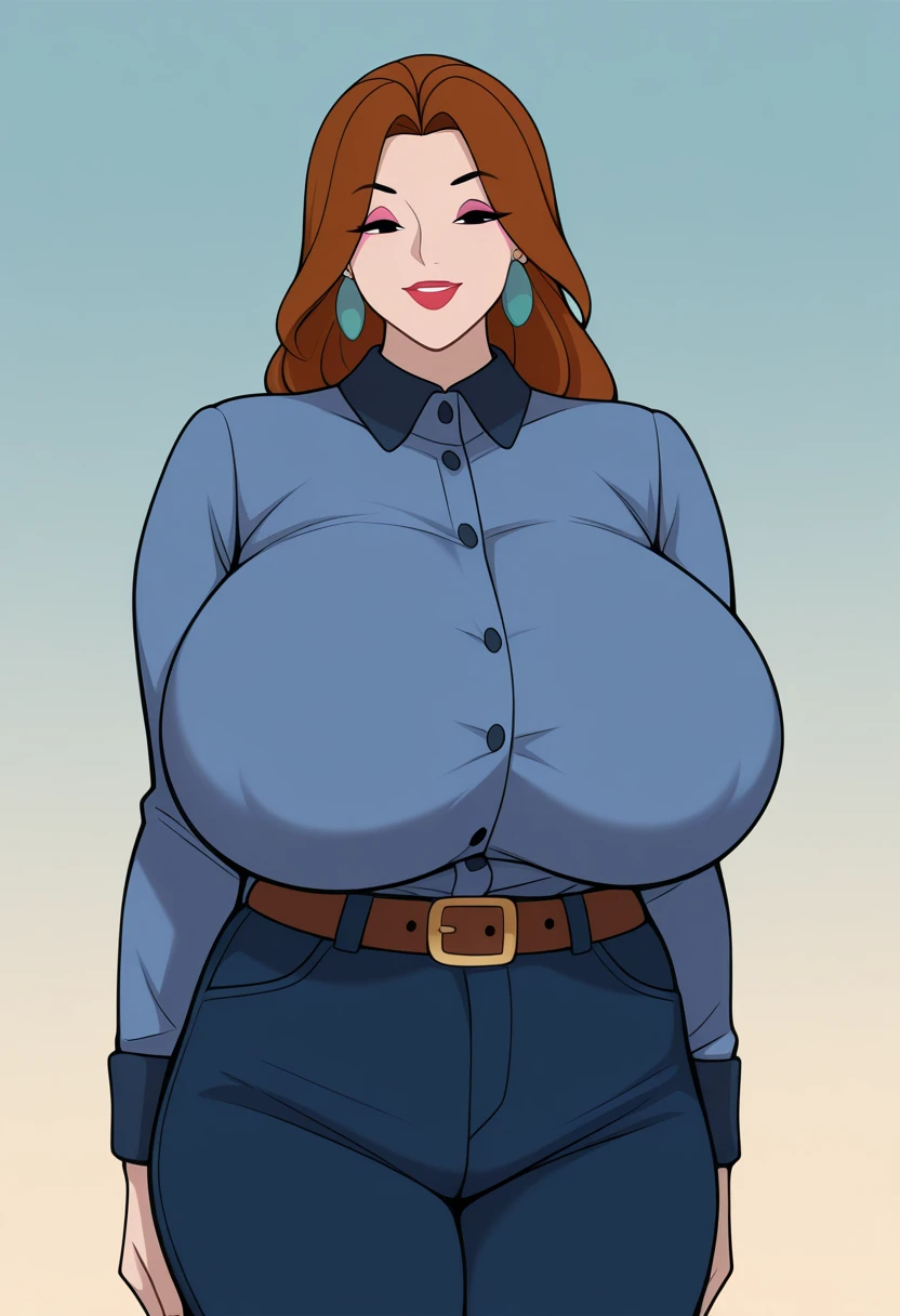 best quality, (masterpiece),(ultra-detailed), (high quality), (high resolution),  1girl, :d, bangs, blue eyes,  dress, vest, boots, ,belt,pants, (large breasts:1.6), (blushing:1.3), (taut shirt:1.3)