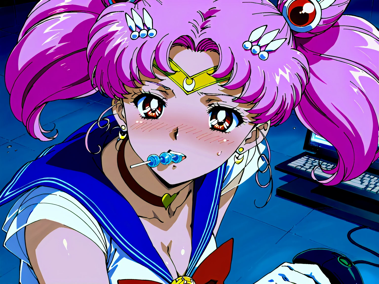score_9, score_8_up, score_7_up,1980's style,(masterpiece), (Highest Quality), 8k Wallpaper, very detailed, (非常に繊細でbeautiful), ((anime:1.4, illustration)), (absolute resolution), ((16k, high image quality)),anime style,score_anime, sharp lines , Retro Art Style.(sailor chibi moon,1girl, pink hair, twintails, cone hair bun, double bun, red eyes, earrings, hair ornament), anime screencap, 1 girl on break day, solo, Dynamic angle, beautiful, cute girl, cute girl, cute face, realistic skin texture, Perfect Anatomy, Dynamic angle, detailed background, Sexual suggestion,sexual composition, pretty eyes, sexy body, surimi waist, wide waist, round ass, squinting, close up shot, detailed background, Big Breasts, (photorealistic pinup:1.3), close-up, ahehe, monitor, indoor, holding computer mouse, (computer), 前かがみ,, sweat, candy in mouth, long bangs, plump facey lips, plump face, drunk , teeth, Funk