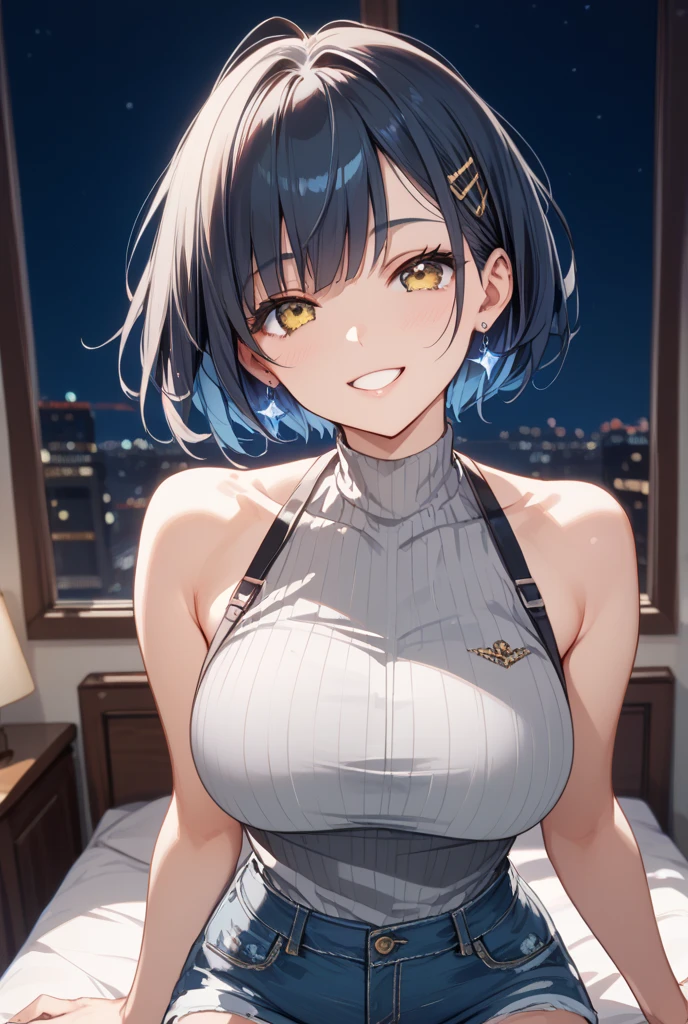 woman,Silver Hair,short hair、blue eyes,Short camisole,Crop shirt,Off the shoulder,white,art, anime,figure、((全身を撮Shadow))、Sexy pose、Natural big breasts、Sparkling eyes、(Brightness:0.8)、((anime))、bed、night、Dark Room, (Shadow:0.6)