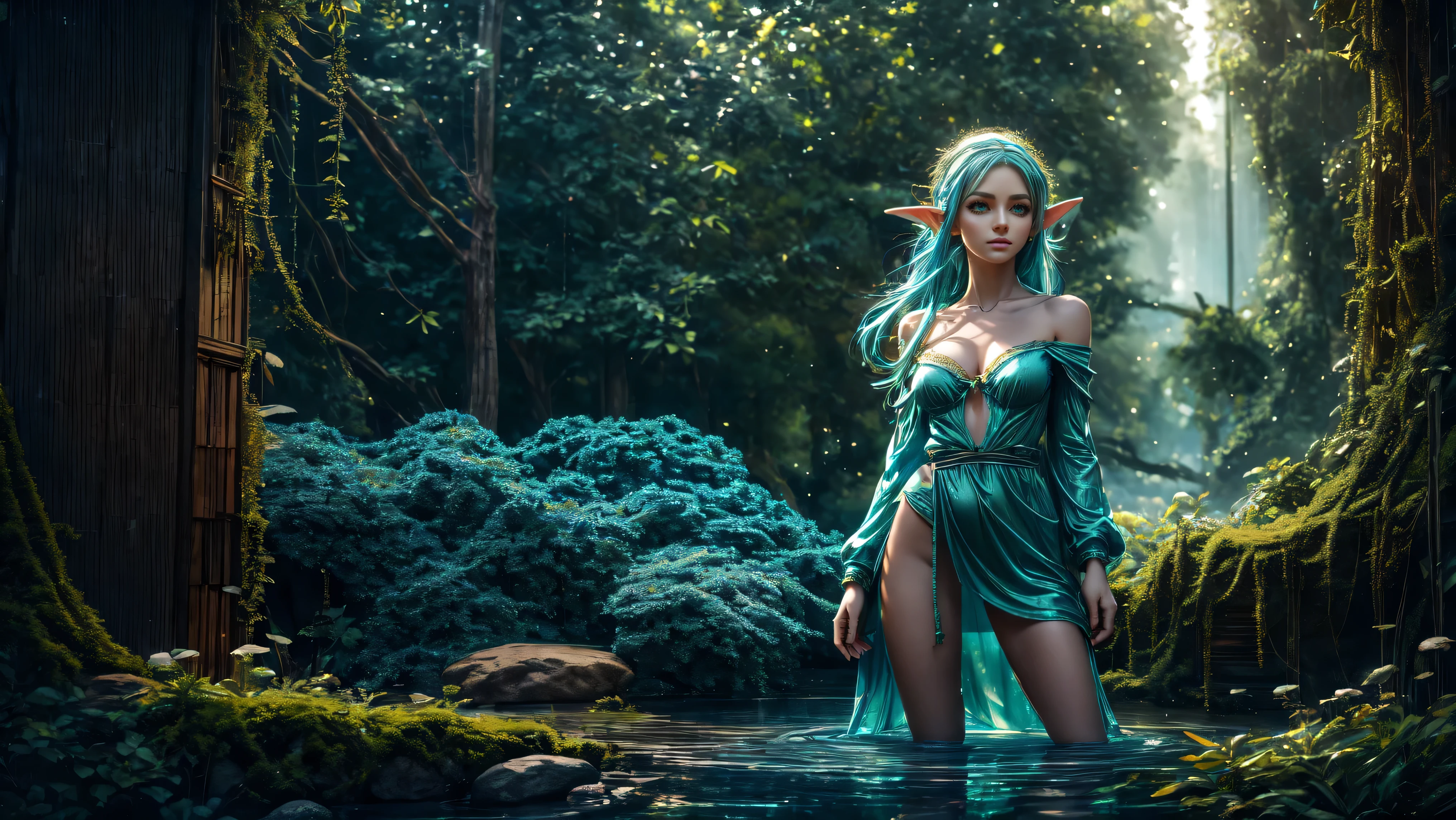 Imogen Poots loira com cabelo azul e orelhas verdes em uma floresta, closeup fantasy with water magic, muito bonito elven top model, fantasy photoshoot, karol bak uhd, Retrato da rainha sereia, Retrato do guerreiro da sereia, beautiful elven princess, Fantasia Inspirada, Imogen Poots uma fada, traje de fantasia, espartilho ciano, photoshoot real rainha dos oceanos, vestido de fantasia