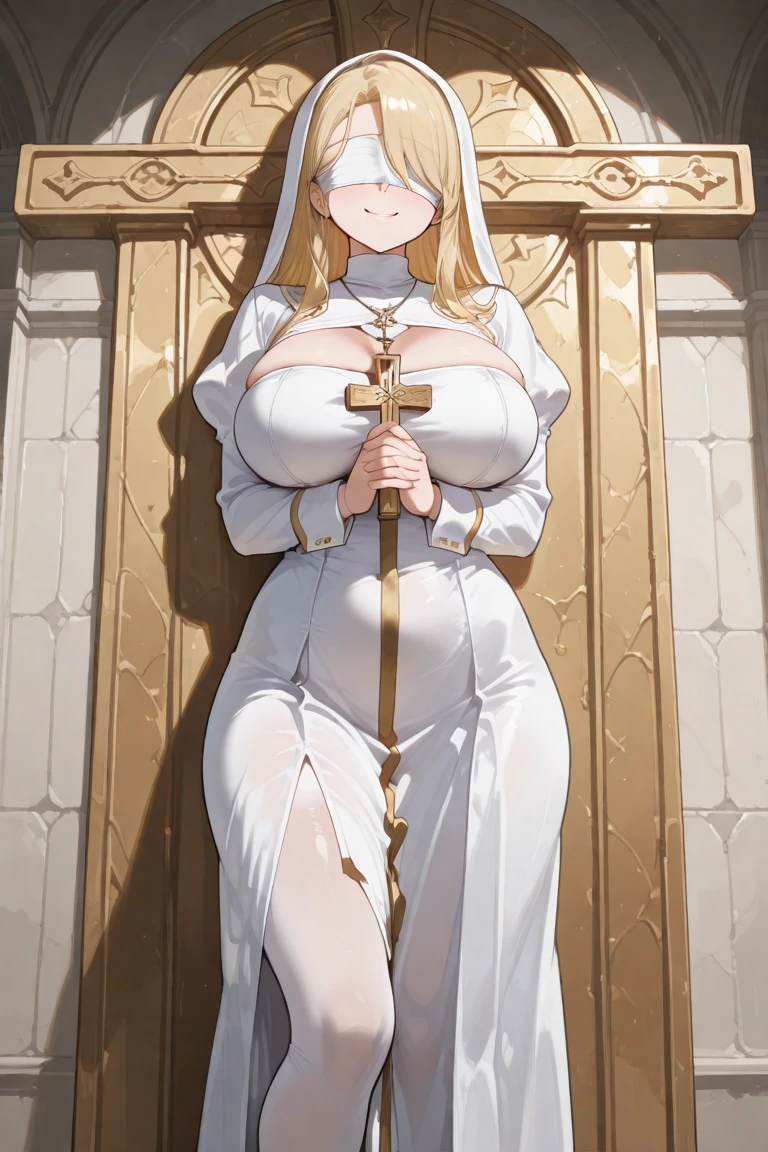 Blonde saint with big breasts and a cross, Symbol of motherhood, Dressed in all white robes.