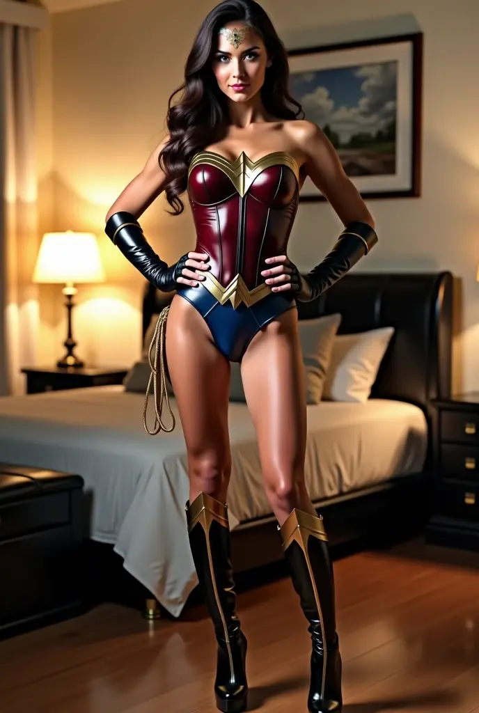 Wonder Woman, sitting in a library in ancient Egypt, is at night. She has her legs spread a little and you can see that she is wearing tight, transparent white panties