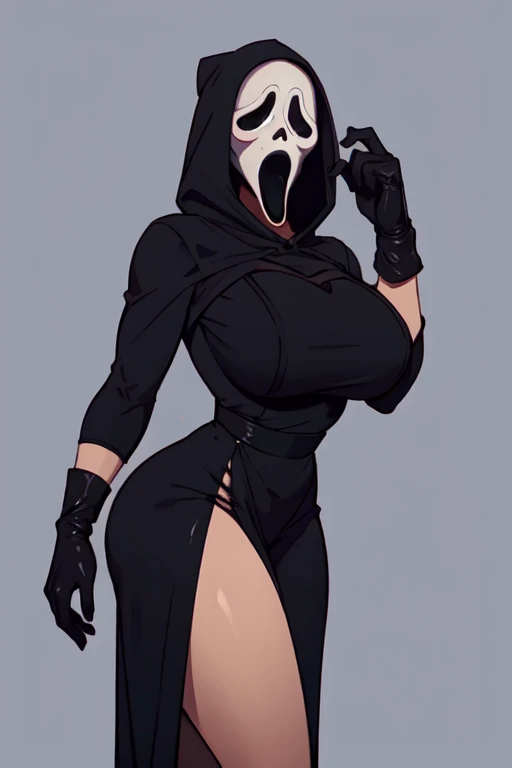 plague doctor, 1girl, solo, hood, mask, gloves, faceless, plague doctor mask, bandage, tabard, medieval, breasts, arms at sides, wide hips, exposed side thigh, embarrassed, heavy blush, blushing, thick thighs, large breasts, exposed lower body