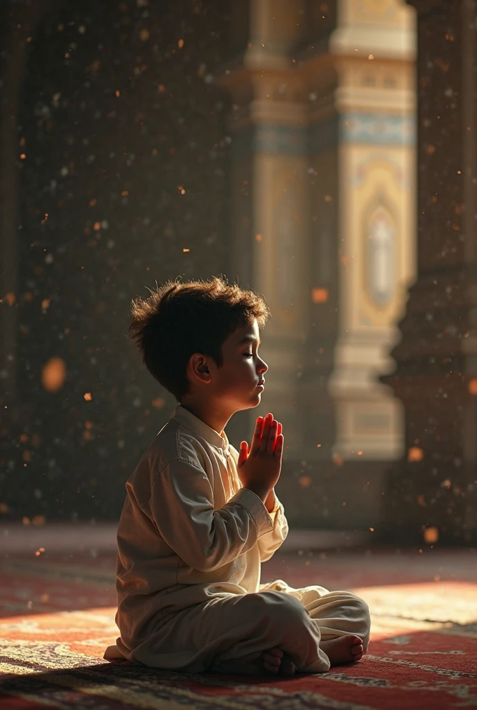 Create an realistic image of a boy praying to lord shiva in a indian traditional and modern dress fusion