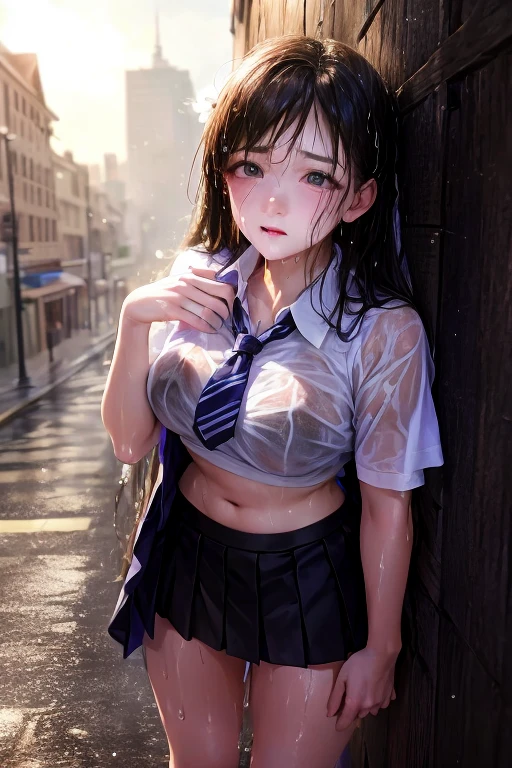(top-quality: 1.3), (masterpiece: 1.3), (The ultra-detailliert: 1.3), (wall-paper, one girls: 1.1)、(Detailed hands and fingers:1.2)、(Detailed ultra-oily shiny skin:1.1)、oily shiny thighhigh、(White shirt with collar and buttons:1.2)、(Dark blue bloomers:1.3)、(Brown pantyhose:1.2),(Black hair:1.2)、(Beautiful Large Breasts:1.3)、short-hair、poneyTail、Beautiful sister、(School Grounds:1.3)、sexypose、(rain is falling:1.4)、The shirt is wet and see-through、the body is dripping wet、Bloomers are wet、Pantyhose are wet、A good woman who also drips water