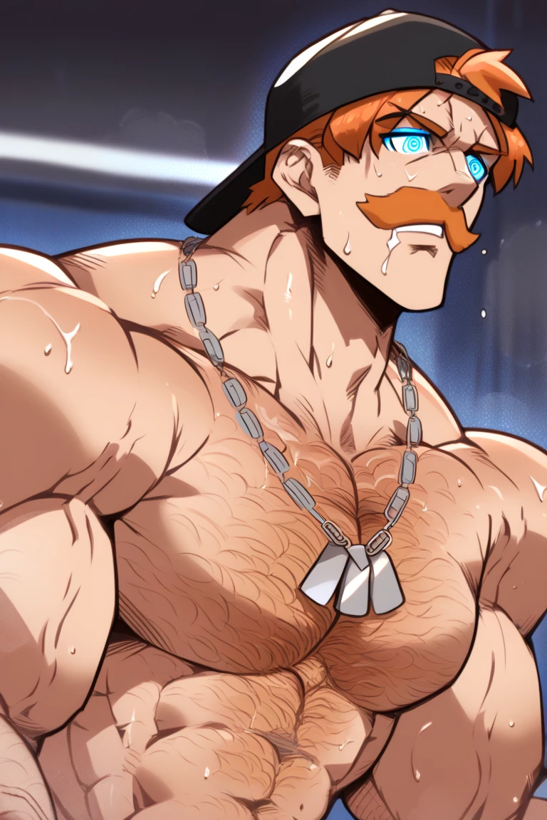 A very attractive young man with very short dark orange hair combed severely back, (hairy) although 4 small strands of hair just a couple of centimeters long fall on his forehead, his skin is tanned in a copper tone and amber eyes (((YELLOW WYES))) ((dark orange eyebrows)). He is shirtless. He is very muscular with broad shoulders, prominent pectorals and very marked abs, in the bodybuilding competition, on stage with others bodybuilders at his sides of 15 years old (Mexican ethnicity) wearing a thong (metallic color: silver thong)