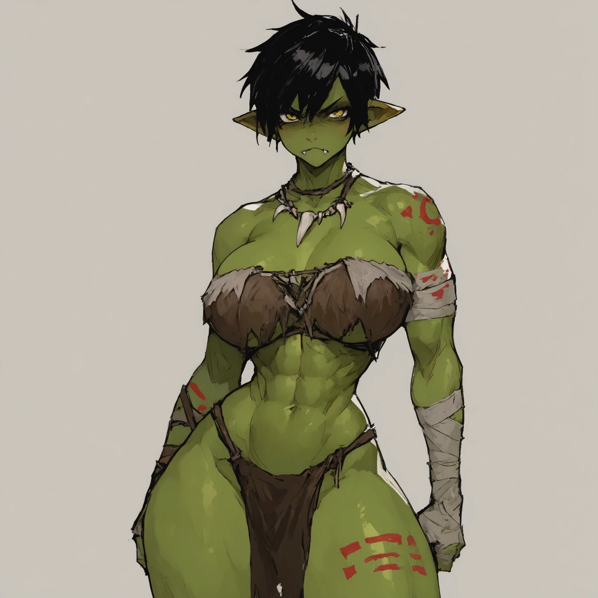 Female orc with short black hair, hot sexy muscle girl with green skin, choker, nude tits, muscle athletic sexy female body, black stockings and long gloves, nude body