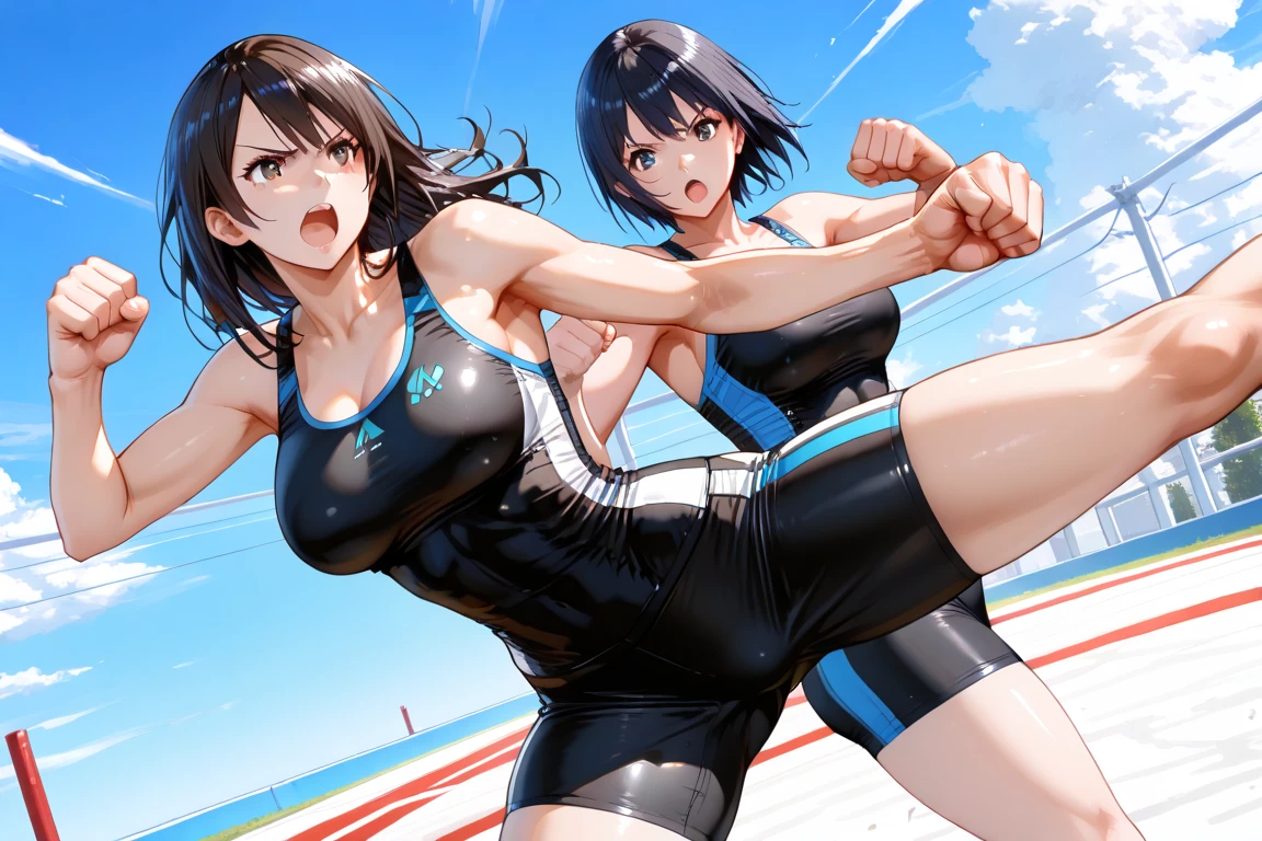 NSFW , on the beach boxing ring ,   Small woman and big woman , Fullbody shot , Wear Monokini swimsuit with pantyhose , Female boxing Face to face, huge breasts.