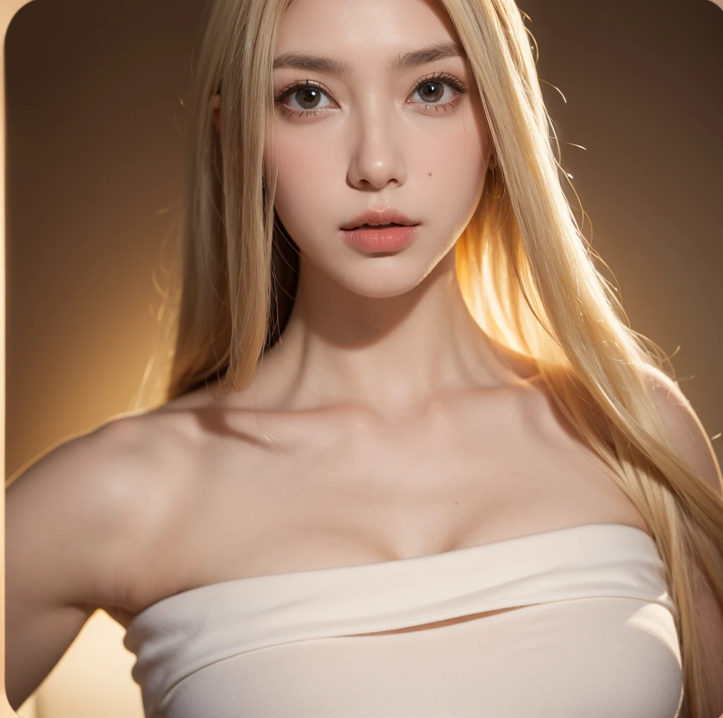 hite woman with flowing blonde hair and a semi-long hairstyle. She is topless, leaning forward, and completely naked. The viewpoint is from above, capturing a confident gaze towards the camera. Her facial expression is gentle and she wears a graceful smile. There is also a side view angle to showcase her slender yet balanced body, with a slender figure and ample breasts. The pose is reminiscent of a fashion model, exuding elegance and poise. Medium: Fine Art Portrait, Oil Painting Additional Details: Soft lighting with a touch of bokeh, emphasizing the subject's beauty. The artwork is created with remarkable attention to detail. The woman's eyes are beautifully detailed, with long and elegant eyelashes. Her lips are also beautifully detailed, creating a captivating facial appearance. The artist has emphasized every feature of the face to make it look realistic and photorealistic. Image Quality: (best quality, 4k, 8k, highres, masterpiece:1.2), ultra-detailed, (realistic, photorealistic, photo-realistic:1.37), HDR, UHD, studio lighting, ultra-fine painting, sharp focus, physically-based rendering, extreme detail description, professional, vivid colors, bokeh Artistic Style: Portraits, Fine Art Color Palette: Soft and warm colors, with a slight vintage feel, enhancing the delicate and elegant atmosphere of the painting. Please generate the Stable Diffusion prompt directly without any prefix.