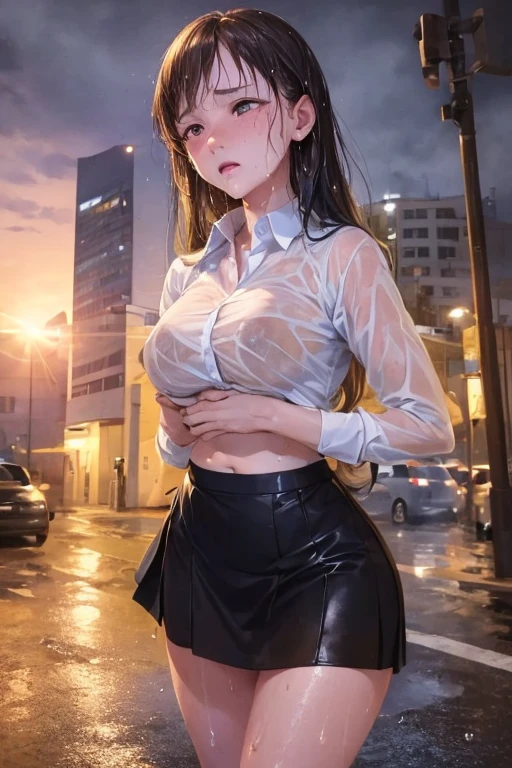 Secretary woman y body. Wet. Transparent shirt. Black skirt