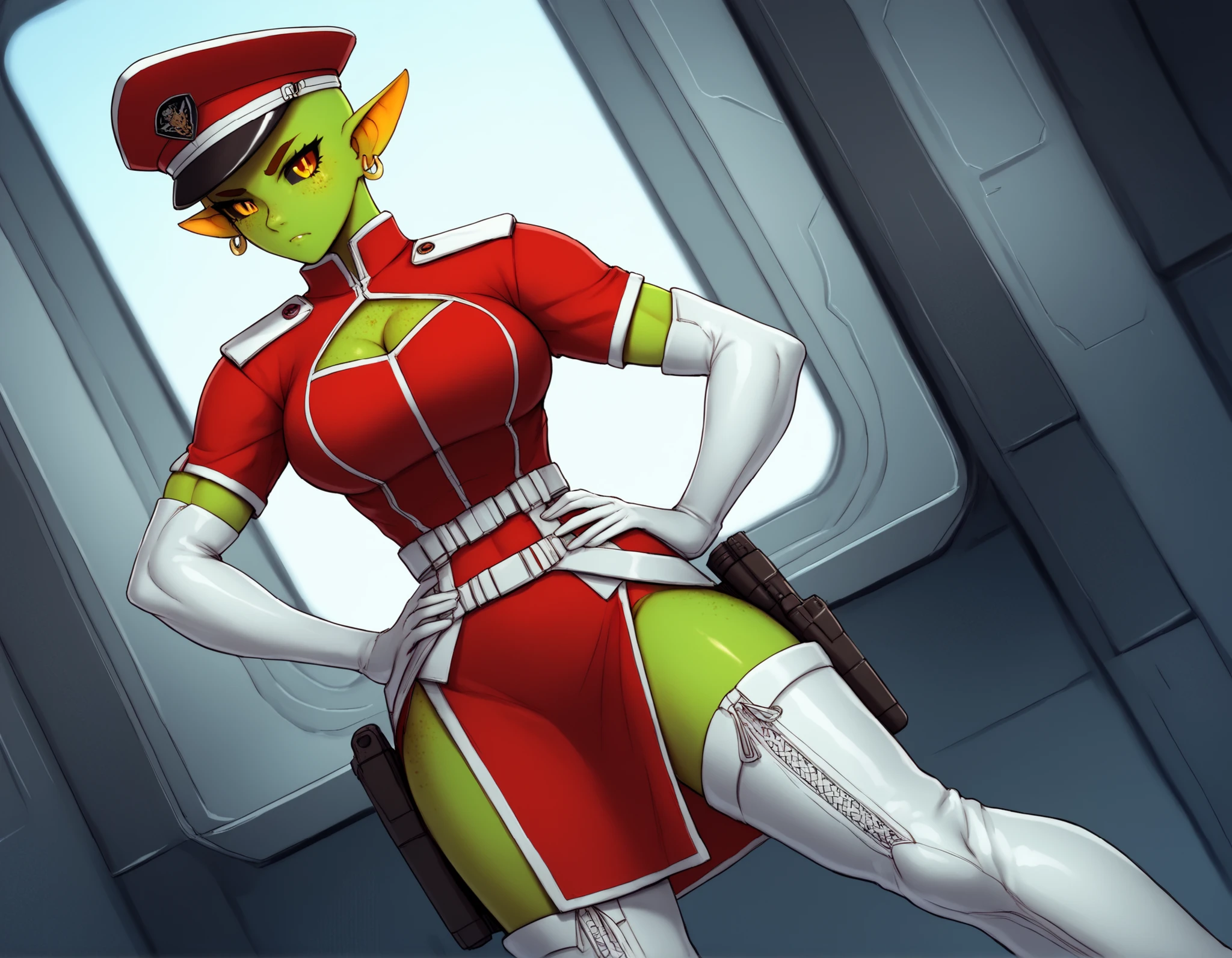 (((Solo))), score_9,score_8_up,score_7_up, alien girl, monster girl, slit pupils, yellow pupils, black sclera, green skin, pointy ears, bald, hourglass figure, (((1girl))), medium breasts, athletic, (((red sci-fi uniform with white accents))), (((red uniform))), (((white leather knee-high boots))), (((red side-slit thigh-length skirt))), cleavage cutout, ((((in a spaceship)))), tall, freckles on face, dommy mommy, tsundere expression, high cheekbones, standing by window, hairless, no eyebrows, no eyelashes, (((view of cosmos through window))), (((white leather elbow-length gloves))), dutch angle, small golden earrings in ear lobes, ((((no eyebrows)))), (((holster on left thigh))), (((both hands on hips))), (((trigger discipline))), military hat