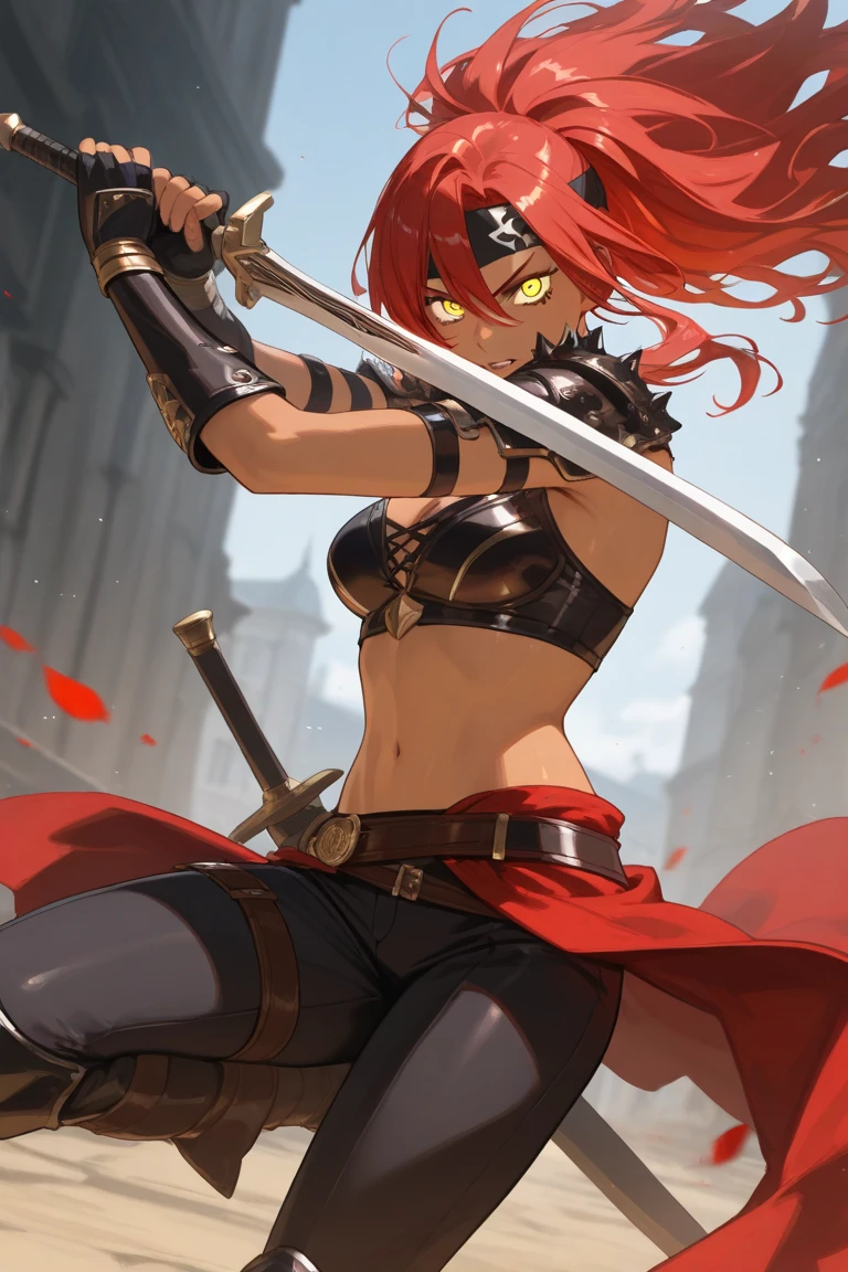 Short red hair,three scars on face,bra,Medium breasts,Black cape,Red cloth strip around waist,cropped pants,Flip-flops,Hang a knife on your waist,Pirate King,red hair shanks,Overlord color domineering
