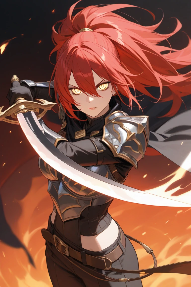 Professor Sylara is a tall, athletic 25-year-old human woman with long, deep red hair and blue eyes., wearing elegant armor with gold details, tight pants with colors according to his armor with riding boots, a sword, and a background of a forest, anime style. Individual image of her in full body. without cape. He is in action pose. No tree. Has one leg raised with the knee bent, like he was kicking or jumping. No enemies. His mouth is slightly open as if he had exercised a lot.. He has light skin.