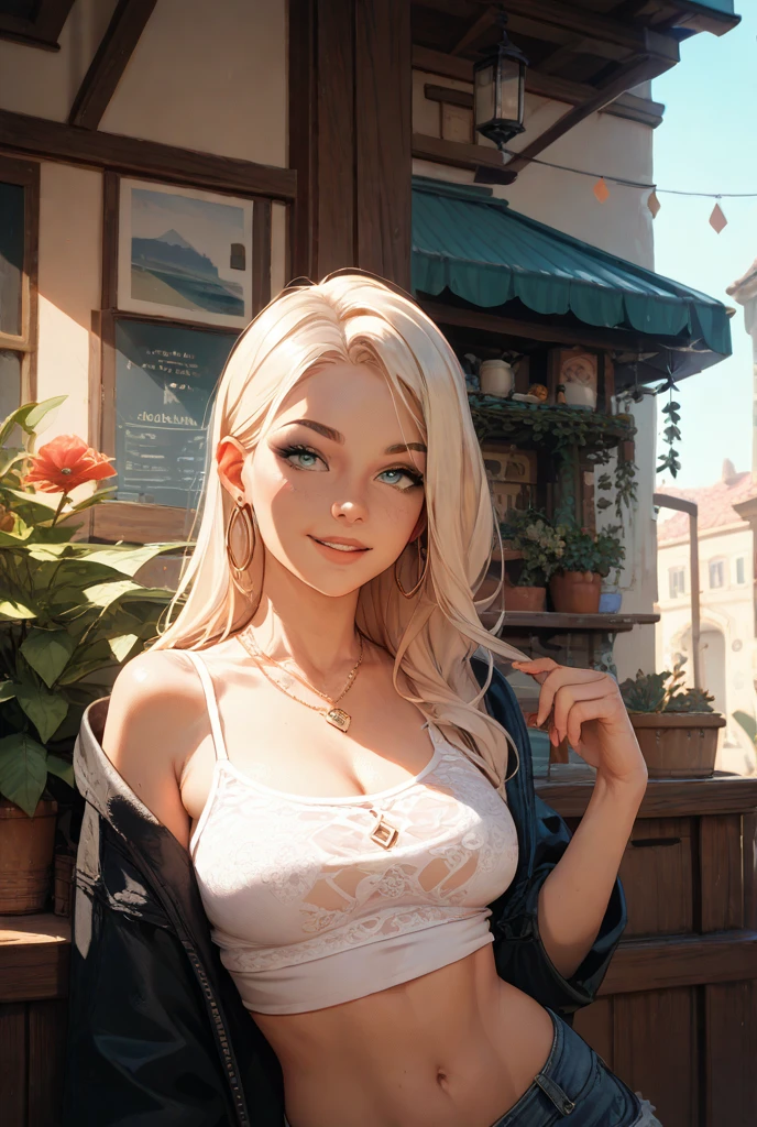 sharp looking eyes，Looking directly at，The lovely 20-year-old Brittbeck is very happy，Wear an off-the-shoulder sweater，choker necklace，closeup portrait，in a outdoor cafe in 2015，Afternoon light，pronounced feminine features