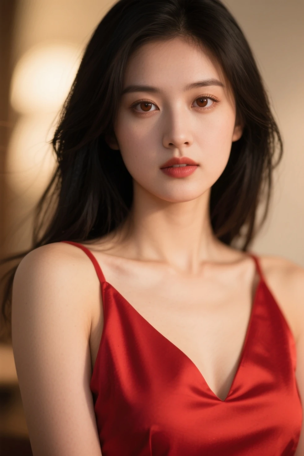 Beautiful black-haired Latin girl with brown eyes and long hair wearing red dress close-up on face photo shoot
