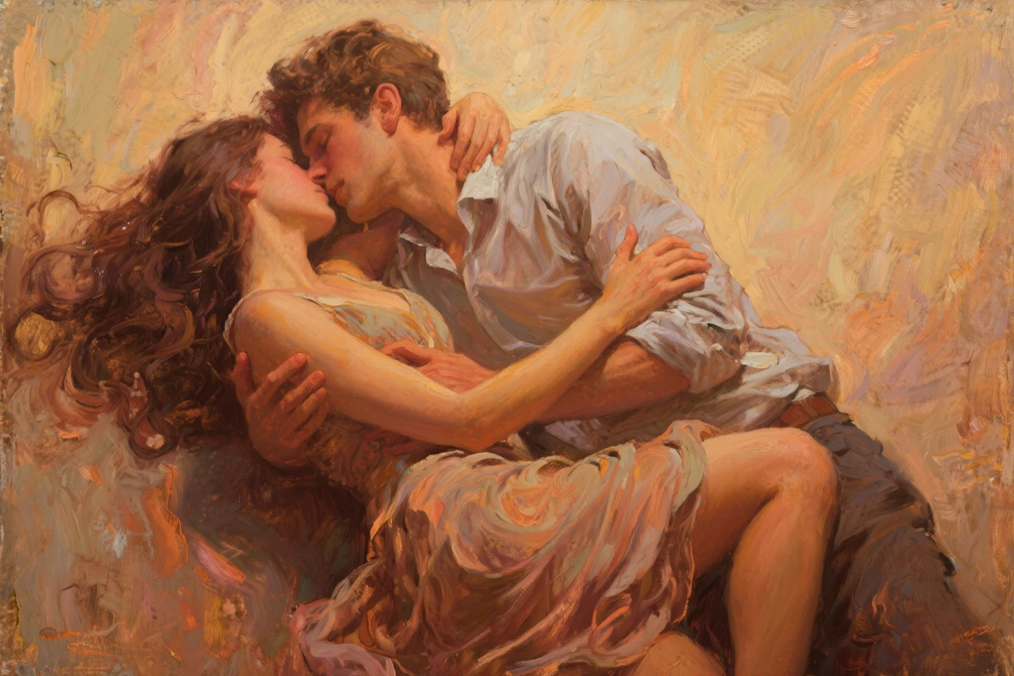 The first kiss off adam and eve in eden gardens (you know what to do) should be in oil painting format, high clarity, intricate details, conceptual art, painting, cinematic, illustration, both lying down nude, highly intimate, passionate kiss, very sensual, deep clarity, sharp details,

