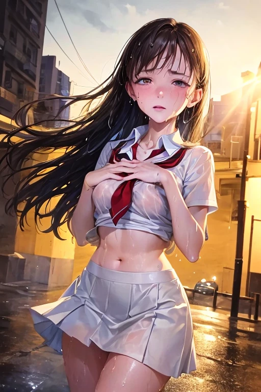 nsfw,vaginal penis,((1man and 1woman,POV,having sex:1.5)),s cowgirl position,Outdoor、((perfect anatomy,realistic:1.3,RAW Photography:1.3,masterpiece、highest quality、Ultra - High resolution、High resolution、Highly detailed CG、8K)),cowboy shot,1 female,solo,Turn your body to the viewer、High school girl swordsman、18 year old beautiful girl,Japanese,(((beautiful detailed face and eyes:1.3,big gorgeous eyes:1.5,gray eyes,shy,tears))),black hair,long bob hair,(center parted hair,forehead),(medium breasts,slender body,small head:1.3,skinny),((oily skin)),(gleaming skin,shiny skin,sweat:1.5),(White collared shirt、Short sleeve、open clothes,nipples,navel、Bare legs、Sheer clothing,vagina,bottomless),sitting,spread legs:1.5,arms up,Back Alley、at night、moonlight、Tokyo、
