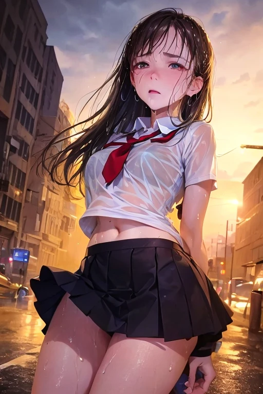 Hyper realistic super detailed, beautiful anime girl, long black hair, skirt, walking down a rainy city street at night, her skirt blown up, showing yellow panties, yellow panty, panty, panchira, NSFW, 16K resolution, 4k resolution, dinamic lighting, Skirt flipped up、yellow panties are visible