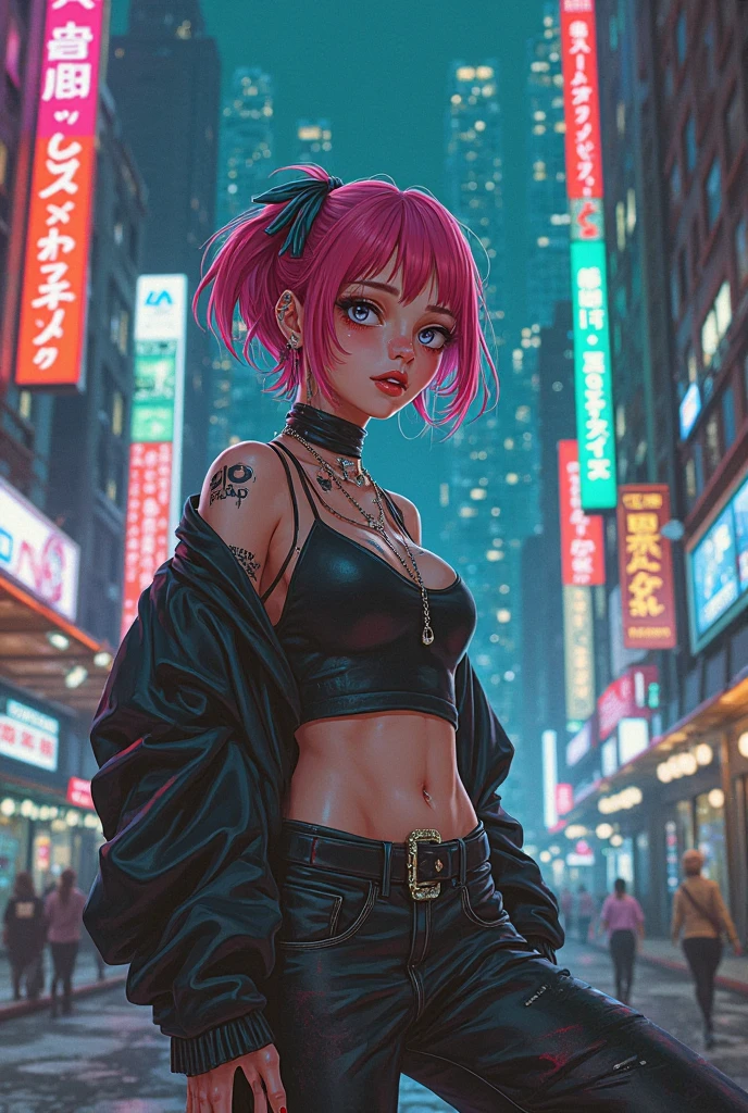(masterpiece, best quality, cyberpunk:1.3), close-up, upper body, a cute punk girl, cyborg, (halo:1.15), running, leather jacket, spikes, pink (sassy:1.2) hair, brave, cool, (tiny:1.2), dark alley, night, dynamic, cinematic light, cinematic shadows, chromatic abberation, flim grain, nsfw