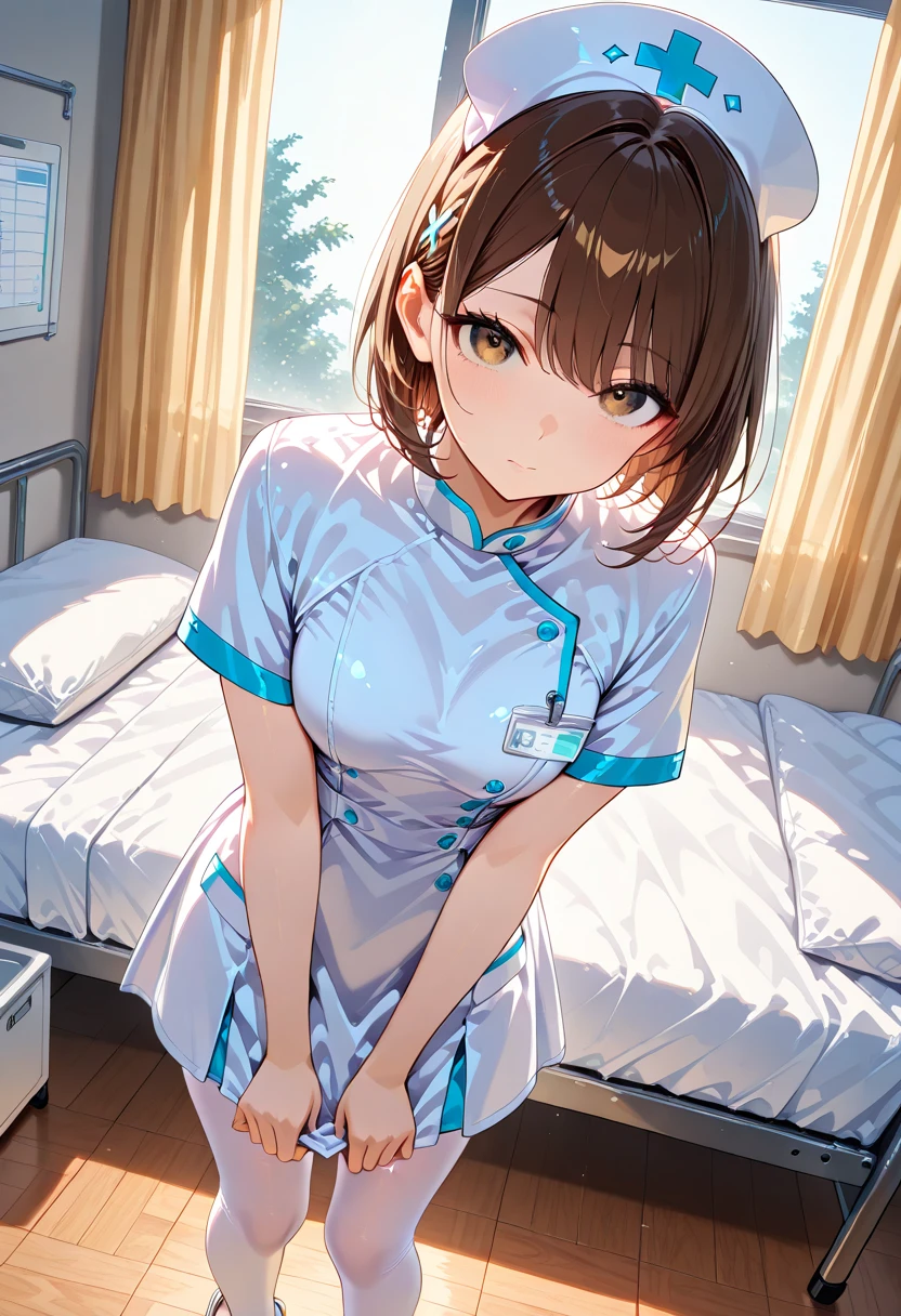 ((masterpiece, best quality, high quality)),1girl, (hospital), <lora:infirmary_v0.1:0.5> infirmary,  <lora:Akiko Satou:0.7> (akiko satou, 3dcg 01, 1girl, solo, twintails, brown eyes, medium breasts, medium hair, mole under eye, dark blue hair, double side ponytail)