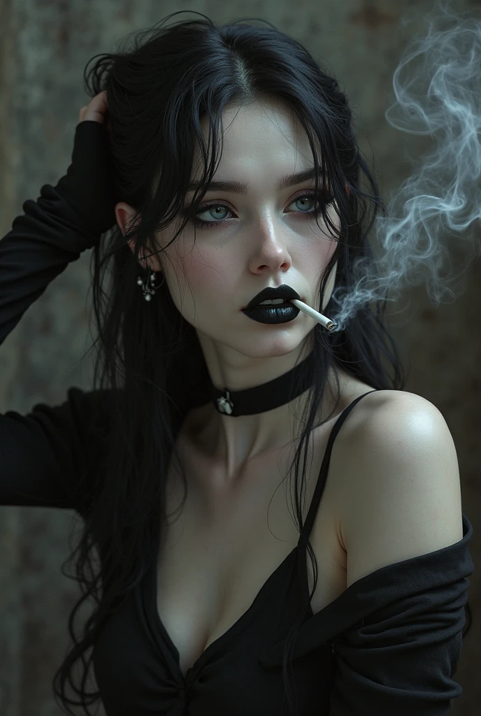 1 female child, no breasts, tiny waist, medium butt, wearing tight sexy dress nipples showing , edgy goth , black hair, long hair, straight hair, exposed forehead, light purple eyes, wearing black boots, multiple ear piercings, crying, black lipstick, luscious eyelashes, long eyelashes, holding cigarette in mouth , horny , sexy , cum on chin