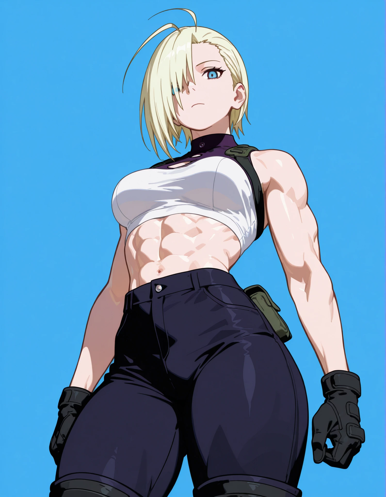 top view photo. Beautiful woman in her thirties, blonde hair, long thin face, blue eyes, thin gauze, short hair, slicked back hair, emo bangs falling over one eye (antenna bangs) (Yamanaka Ino bangs), tall athletic woman, tight white top, black tactical pants, black high boots, black gloves, athletic body, muscles, thin waist, defined abs, thin face. Masterpiece, best quality, 2D, flat shading, flat illustration, minimalist, pop art style, neopop, linear drawing, vector stroke, 1 girl, alone, medium breasts, (colored background, simple background), looking at viewer, thick thighs, no makeup, in sexy pose, beautiful eyes, detailed eyes. City art in the background