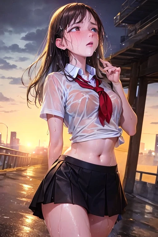 nsfw,(((perfect anatomy,realistic:1.3,RAW Photography:1.3,masterpiece、highest quality、Ultra - High resolution、High resolution、Highly detailed CG、8K))),cowboy shot,1 female,solo,18-year-old、High school girl swordsman、18-year-oldの美少女,Japanese,((beautiful detailed face and eyes:1.3,big gorgeous eyes:1.5,gray eyes,tears)),black hair,long bob hair,(center parted hair,forehead),(medium breasts,slender body,small head:1.3,skinny),((oily skin)),(gleaming skin,shiny skin),((sweat:1.7)),((School uniform、Sailor suit、Black sailor collar、Red neckerchief、Pleated black mini skirt、navel、Wet clothes:1.5),(sweat:1.7),Pool、Outdoor、