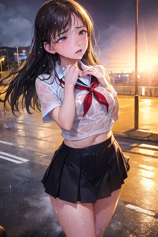 (High Detail:1.2) Anime Girl, (Best quality, Detailed), (dark, gravelly:1.3, dark:1.2), 1girl, (solo), long bob hair, black hair, blue eyes, fair skin, sinister, intense look, background dark, Volumetric light, hyper realistic, super detailed, Dynamic pose, (flat chest), small size, small, white little croc top, red skirt, body view, naked vagina.