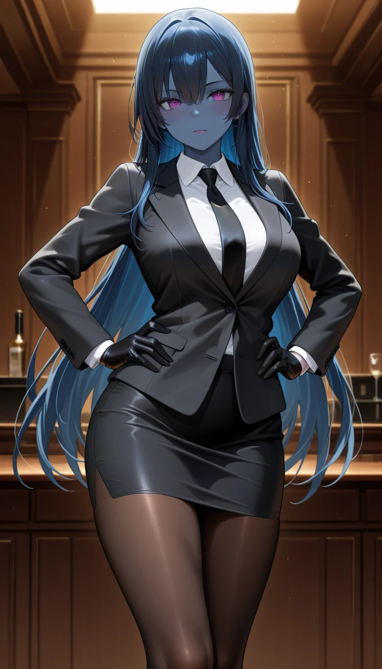 (best quality:1.1),(masterpiece:1.4),(absurdres:1.0), 1girl, blue hair, long hair, black eyes, unusual pupils, black latex bodysuit, nonvisible cleavage, necktie, full body view, big breasts, huge ass, facility, pure white skin, :< face, bright eyes, holding clipboard and pen