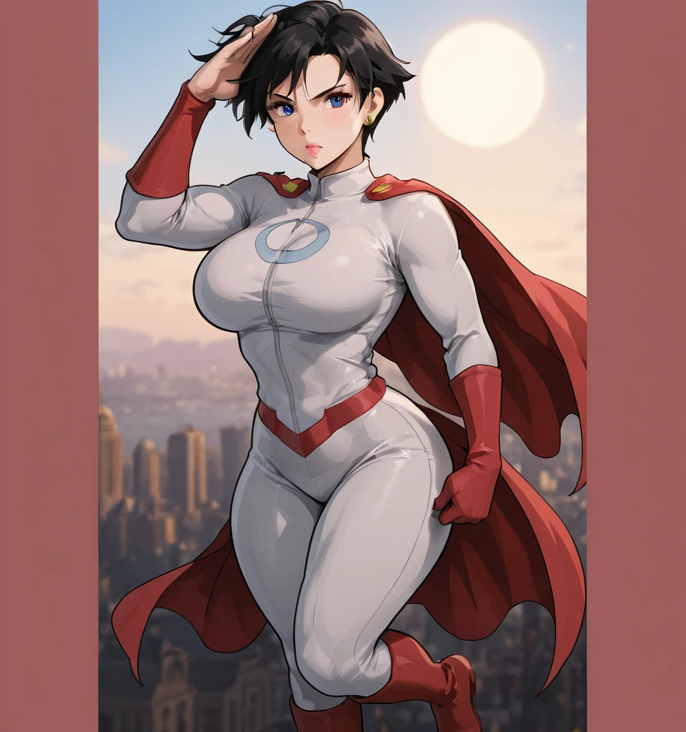 score_9_up, score_8_up, score_7_up, 1girl, solo, source_anime, hourglass figure, Big breasts, kemonomimi, bear ears, brown hair, short hair, messy_hair, blue eyes BREAK freckles, (cosplay), super girl cosplay, super hero, white bodysuit, cleavage cutout, red cape, blue gloves, blue boots, brave smile, closed mouth, standing, looking at viewer, outdoors, urban area, daytime