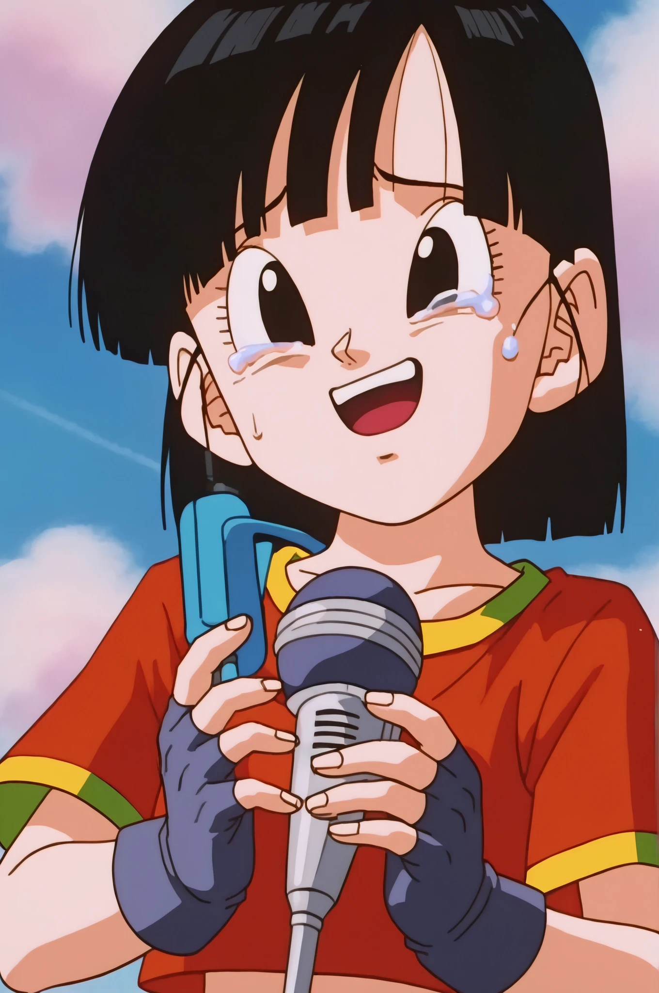 source_anime, score_9, score_8_up, score_7_up, anime screencap, absurdres, high quality,
pan \(dragon ball\), dragon ball gt, 1 girl, alone, looking at viewer, smile, short hair, bangs, black hair, collarbone, upper body, gold trim, short sleeves, sky, day, cloud, black eyes, blue sky, blue background, red t-shirt, orange scarf, woman, \(90s\) style, eyelashes, one hand on chest, abdomen, from below, retro art style, microphone, holding microphone with one hand, singing with feeling, eyes closed, sad, tears