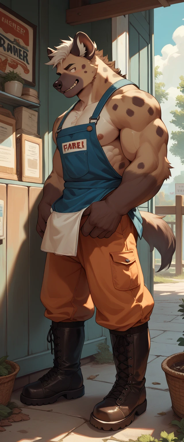solo, male, muscular, horse, equine penis, Smug, arms crossed, barn setting, sunset, dramatic lighting, big genitals, jockstrap, by Zackary911, underwear aside