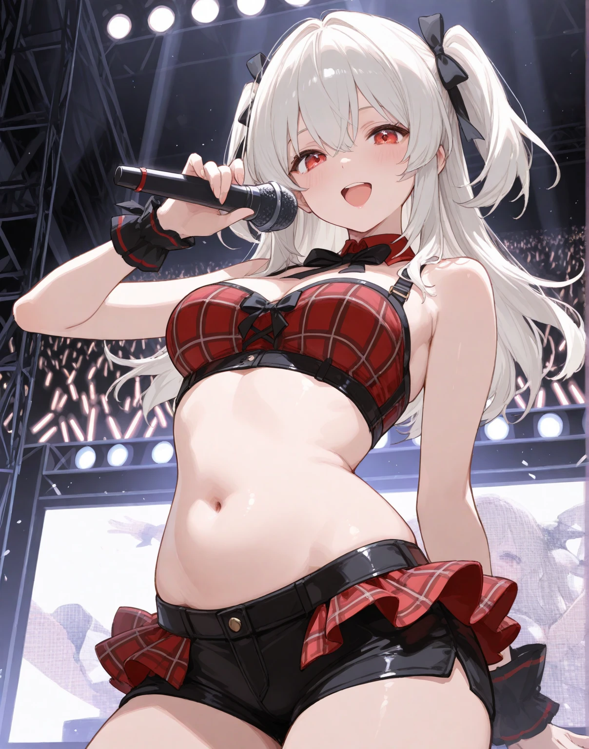 absurderes、ultra-detailliert、masterpiece、top-quality、BREAK、Official art、(Beautifully Aesthetic:1.2)、(watercolor paiting:Curly)、BREAK、Devilish Pretty Girl 1.2、a beauty girl、(kawaii:⒈3)、sixteen years old、BREAK、((Red and white hair color:1.4))、BREAK、striated hair、((Random hairstyle:1.2))、(Splash)、(フラクタルアート1.3)、BREAK、Cat's ears、A sexy、(Ultra-detailed hands and fingers:1.2)、BREAK、(Carefully written hands and fingers)、((Chinese ruffled skirt and open chest((colourfull)):1.2))BREAK、((heterochromia iridis、BREAK、Variegated eyes))、BREAK、Since a while ago:1.2、randome pose、BREAK、((stick out buttocks))、shyly smile、red blush、Happy smiling face、BREAK、Look at viewers、((Cute with super complex embroidery pattern((blanche))lace string panties:1.2))、BREAK、((AI Concert:1.4))、BREAK、BREAK、Neon glowing lighting on ultra-detailed background、BREAK、(Get the best professional stage backgrounds:1.2)、BREAK、profetional lighting、BREAK、Singing with microphone in hand、((Panchira:1.2)) Skirt Lift Up:1.2、Fan Service